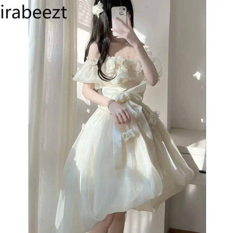 2025 New French Floral Strapless Dress Women Summer Sweet Princess Tea Party A-line Slim Fit Elegant Vintage Sleeveless