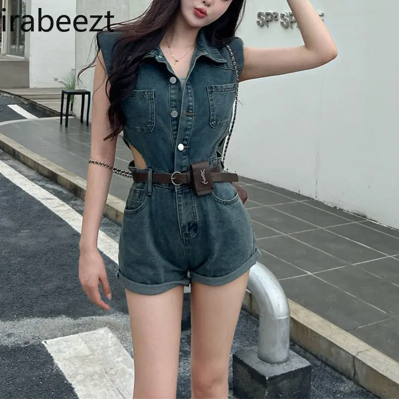 Retro Lapel Blue Waist Jumpsuit for Women 2025 New Summer Loose Shoulder Pad Wide Leg Denim Shorts Casual Slim Fit Bodysuit