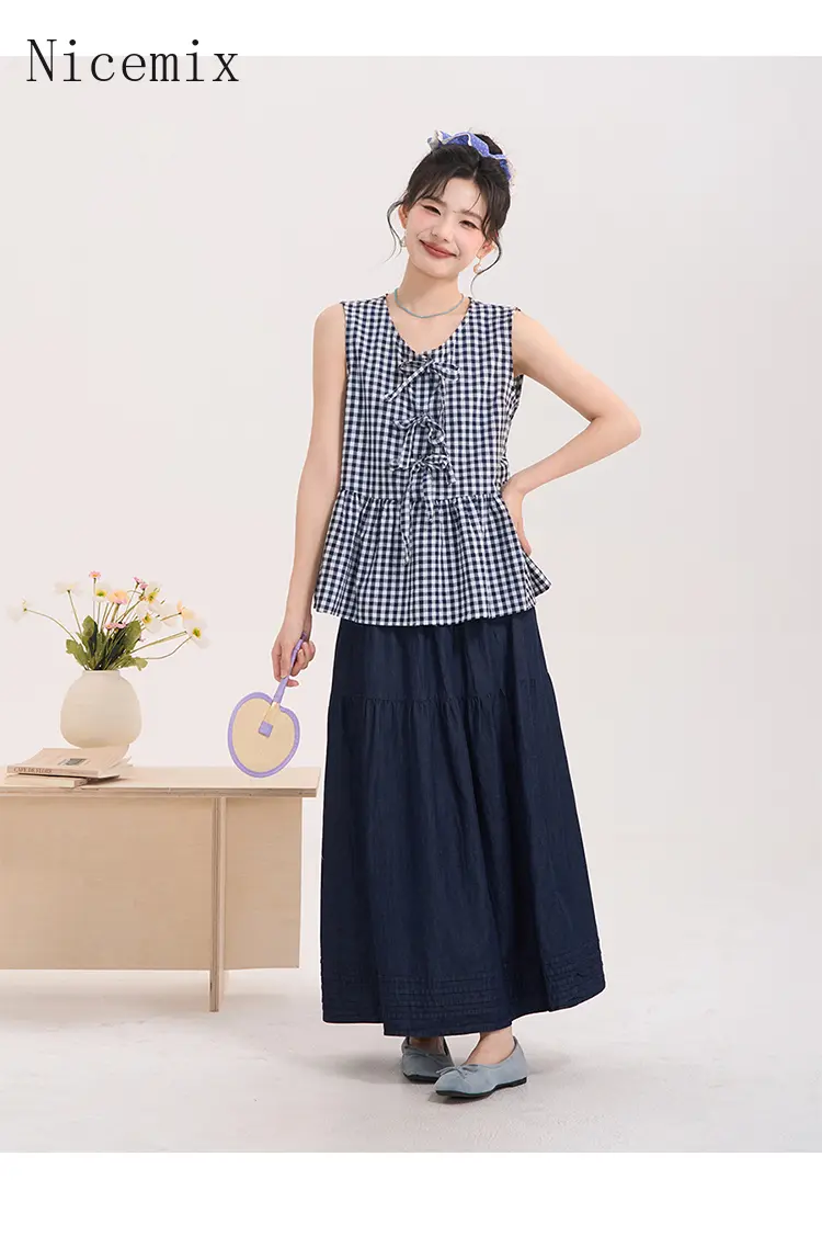 Women's Bow Tie Plaid Vest Shirt Summer Cute Blouse Tops Loose Casual Chic Feminine Tee 2025 New Blusas Femininas Elegantes