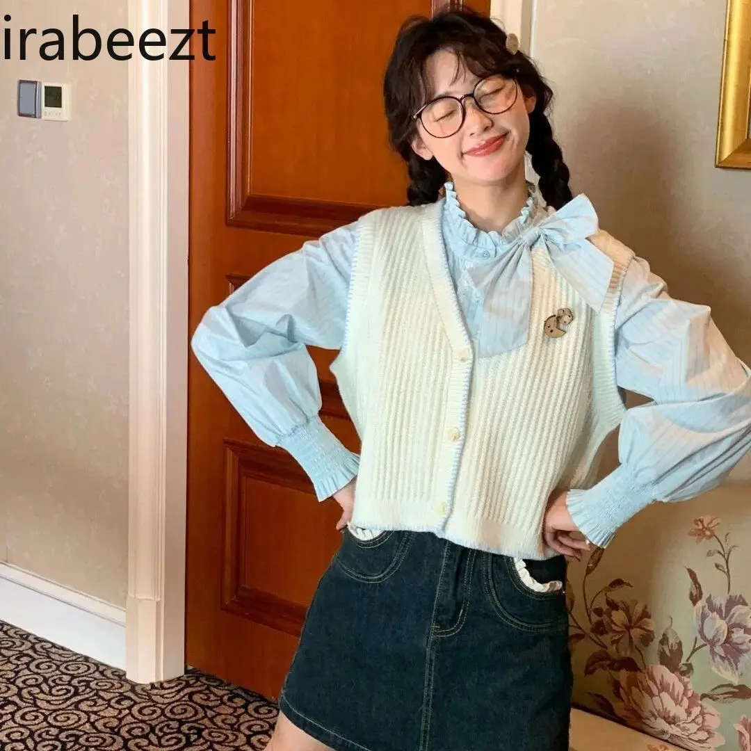 Spring and Autumn Female College Waistcoat Forest Style Two-piece Suit Sweet Knitted Cardigan Cute Sweater Vest Layered Shirt