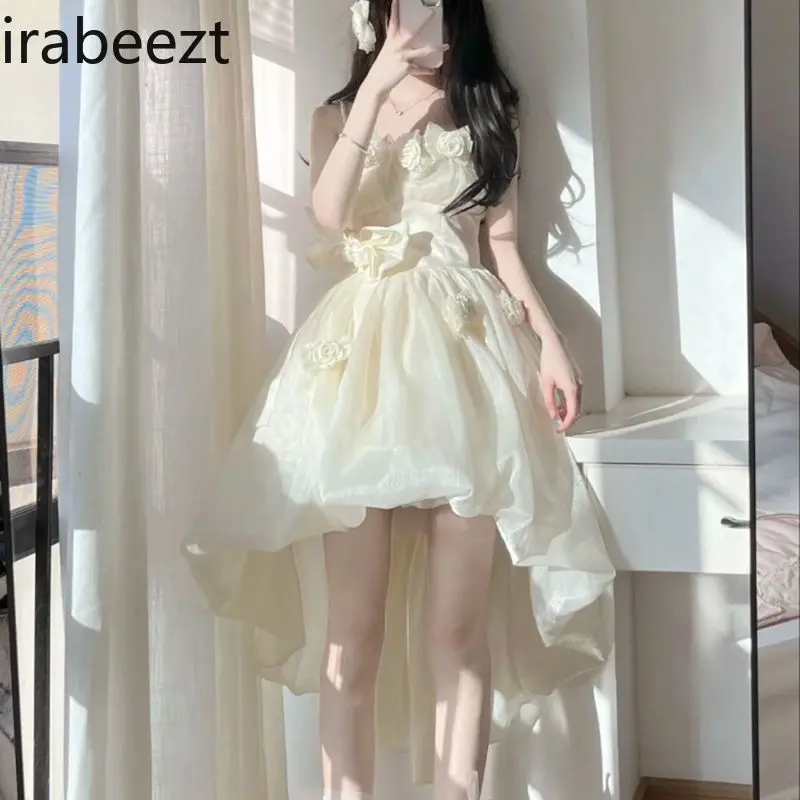 2025 New French Floral Strapless Dress Women Summer Sweet Princess Tea Party A-line Slim Fit Elegant Vintage Sleeveless