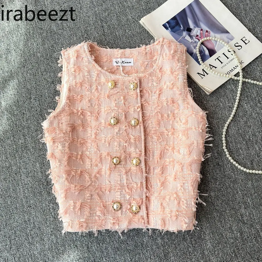 2025 New Women's White Double Breasted Vest Sleeveless Short Waistcoat Elegant Summer Casual Top casacos de inverno feminino