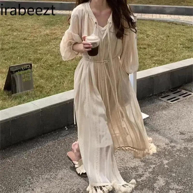 Retro French Temperament Solid Color Bohemian Summer Slouchy Lady Apricot Design Shirt Tassel Sun Protection Clothing Blouse