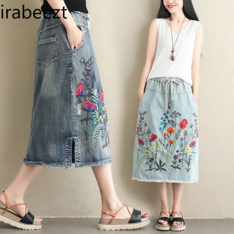 2025 Spring Floral Denim Skirt Women Loose Fit Ethnic Embroidery High Waisted Elastic Pocket Side Slit Casual Boho Chic