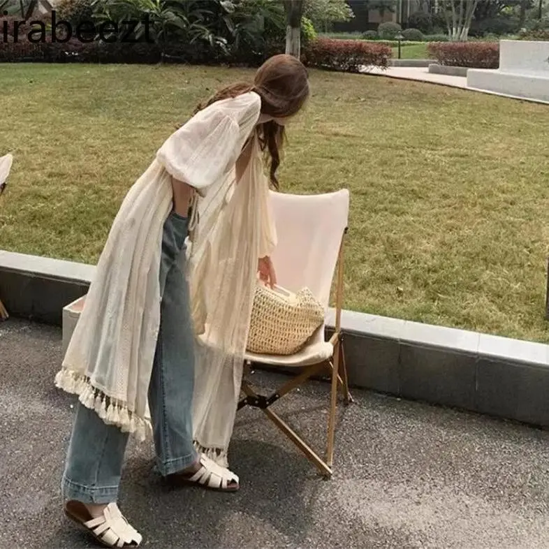 Retro French Temperament Solid Color Bohemian Summer Slouchy Lady Apricot Design Shirt Tassel Sun Protection Clothing Blouse