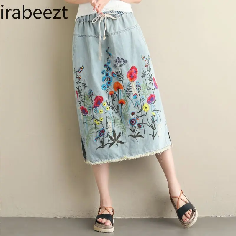 2025 Spring Floral Denim Skirt Women Loose Fit Ethnic Embroidery High Waisted Elastic Pocket Side Slit Casual Boho Chic