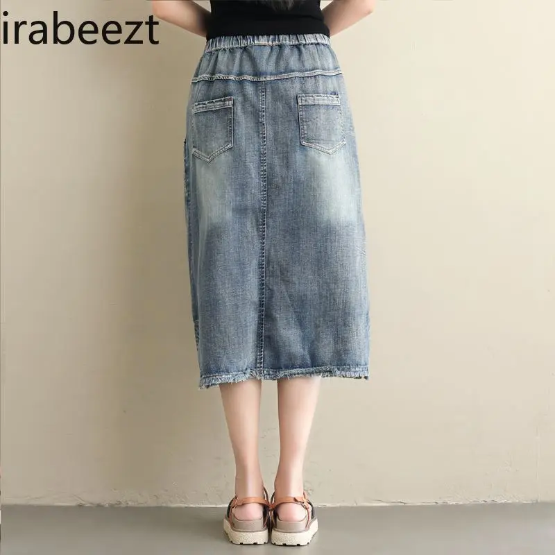 2025 Spring Floral Denim Skirt Women Loose Fit Ethnic Embroidery High Waisted Elastic Pocket Side Slit Casual Boho Chic