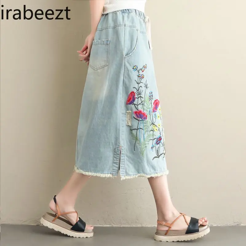 2025 Spring Floral Denim Skirt Women Loose Fit Ethnic Embroidery High Waisted Elastic Pocket Side Slit Casual Boho Chic