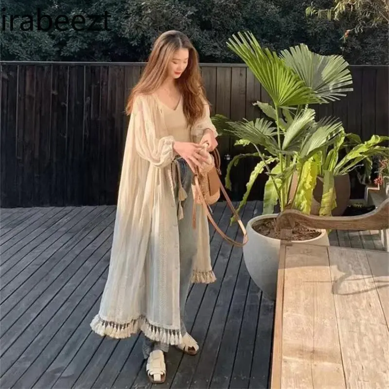 Retro French Temperament Solid Color Bohemian Summer Slouchy Lady Apricot Design Shirt Tassel Sun Protection Clothing Blouse