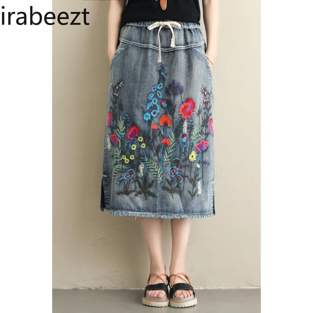 2025 Spring Floral Denim Skirt Women Loose Fit Ethnic Embroidery High Waisted Elastic Pocket Side Slit Casual Boho Chic