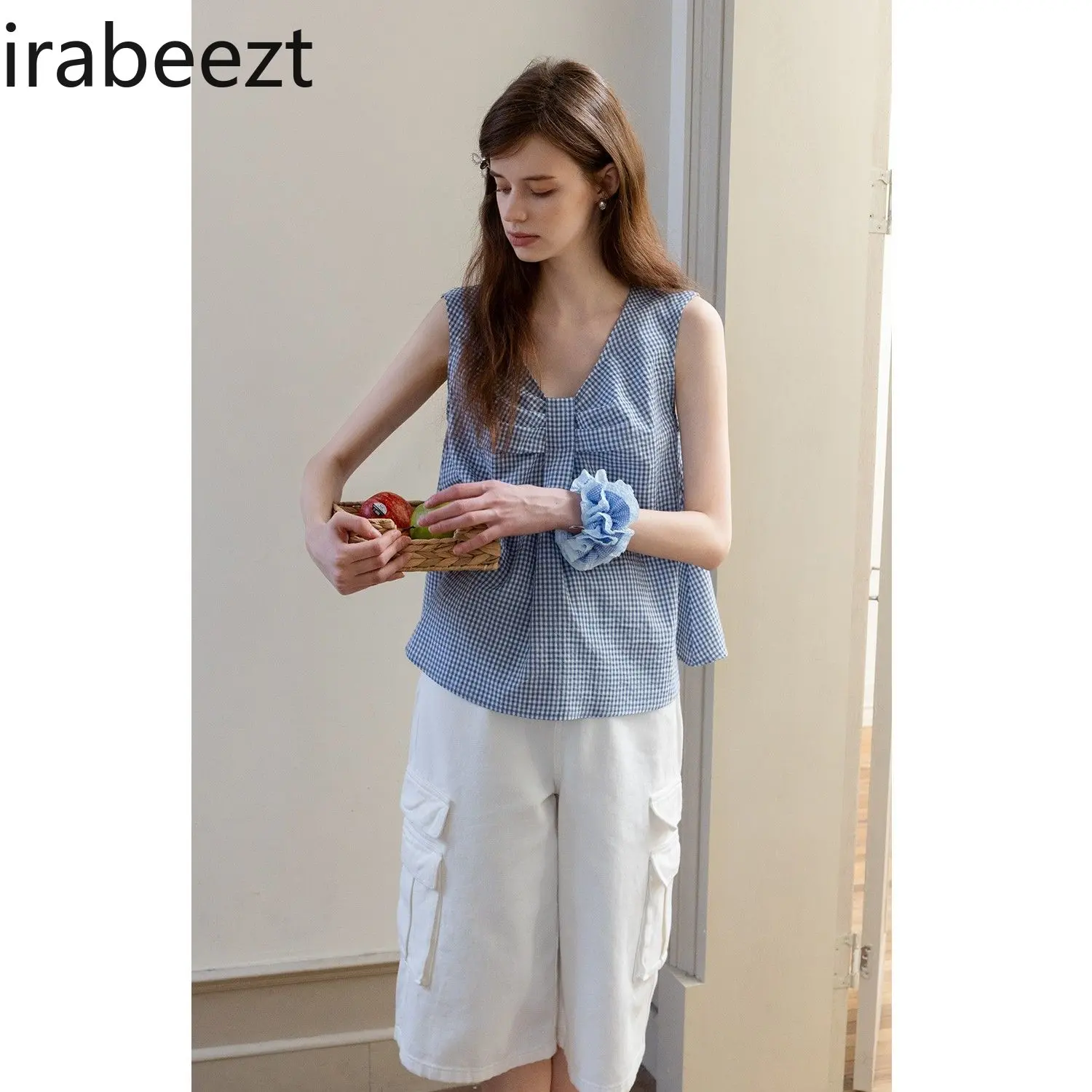 2025 New Bow Knot Textured Grid Sleeveless Loose Vest Shirt Women Summer Sweet Casual Slim Fit Blouse Tops