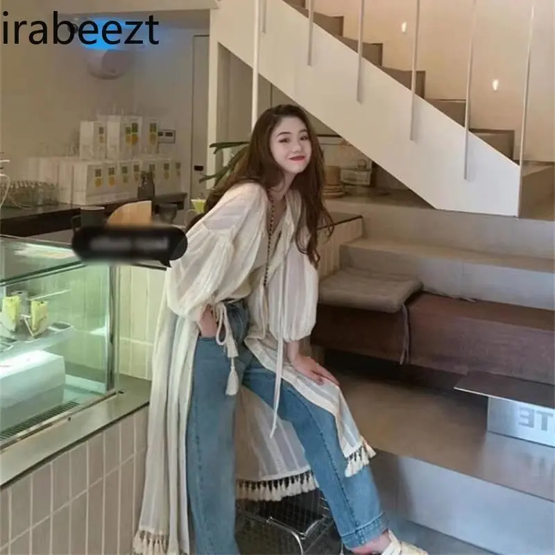 Retro French Temperament Solid Color Bohemian Summer Slouchy Lady Apricot Design Shirt Tassel Sun Protection Clothing Blouse