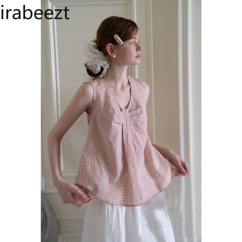 2025 New Bow Knot Textured Grid Sleeveless Loose Vest Shirt Women Summer Sweet Casual Slim Fit Blouse Tops