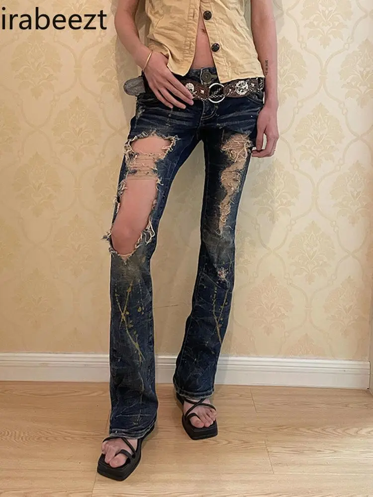 Y2K Vintage Ripped Baggy Jeans Women's High Waist Flared Bell Bottom Trousers Streetwear Grunge Denim Pants for Girls