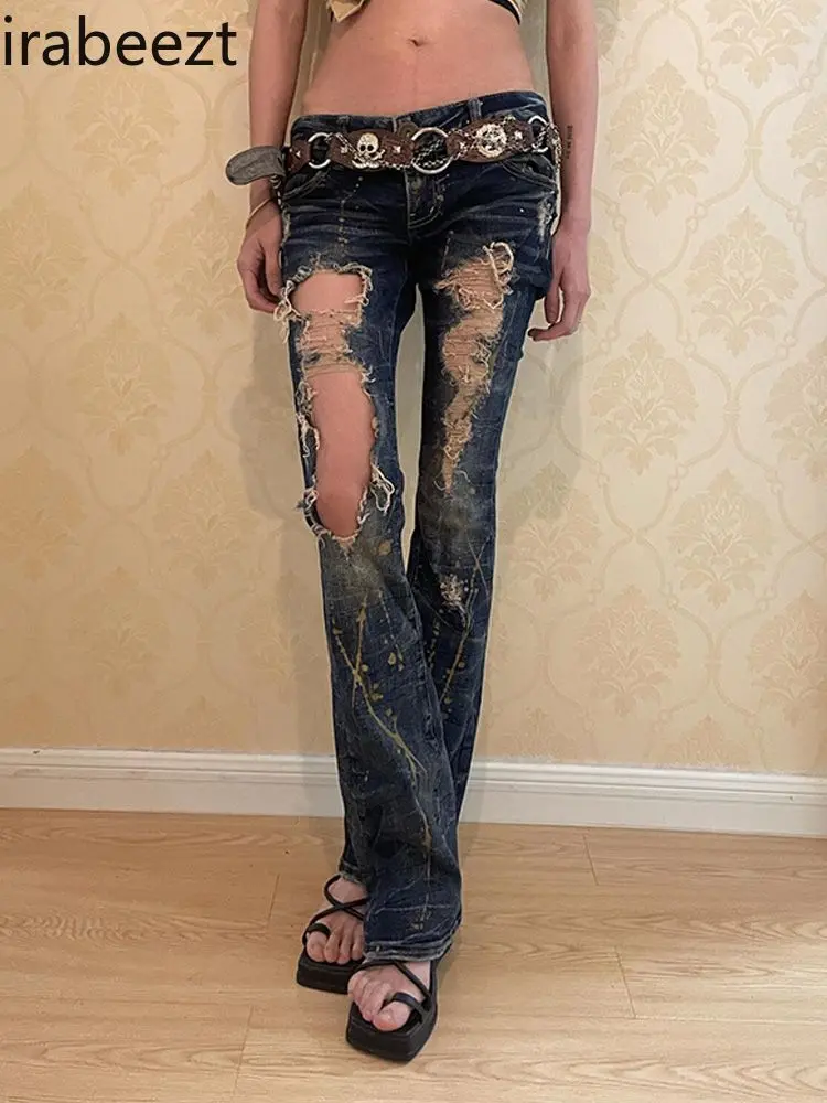 Y2K Vintage Ripped Baggy Jeans Women's High Waist Flared Bell Bottom Trousers Streetwear Grunge Denim Pants for Girls