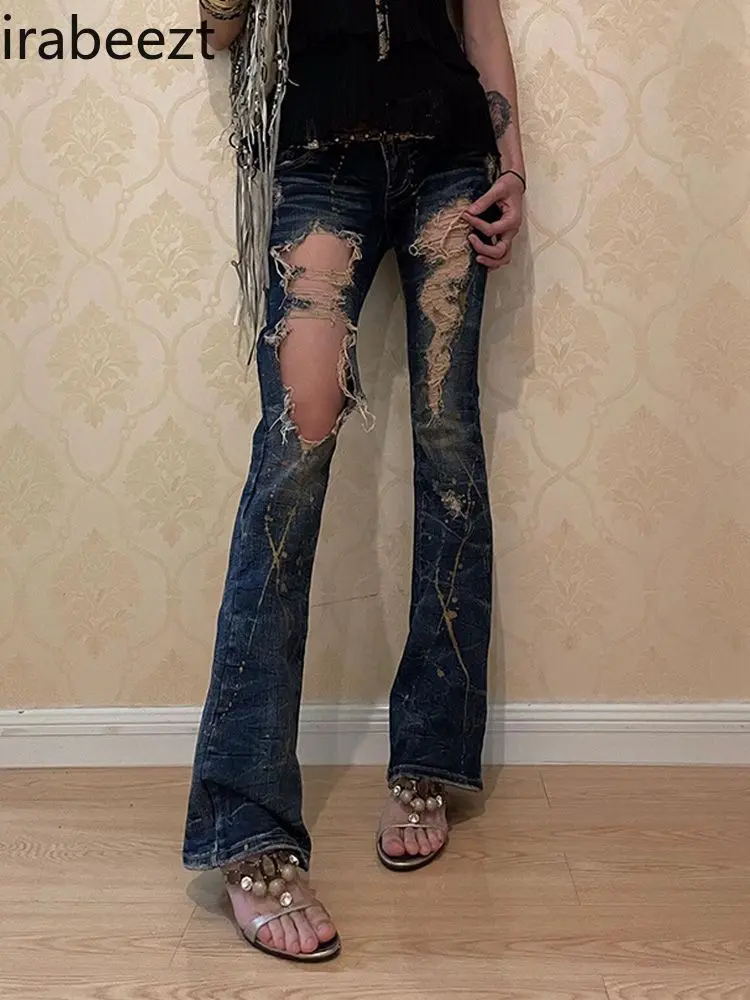 Y2K Vintage Ripped Baggy Jeans Women's High Waist Flared Bell Bottom Trousers Streetwear Grunge Denim Pants for Girls