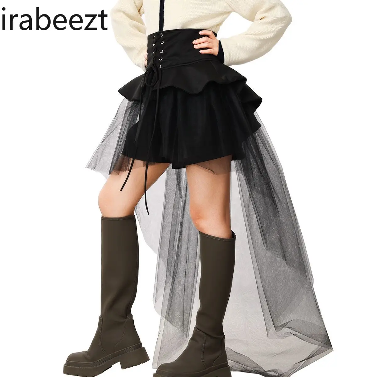 New High Waist Irregular Short Front and Long Back Elastic Waist Belt Lace Skirt with Large Swing Dovetail Mop Faldas Ajustadas