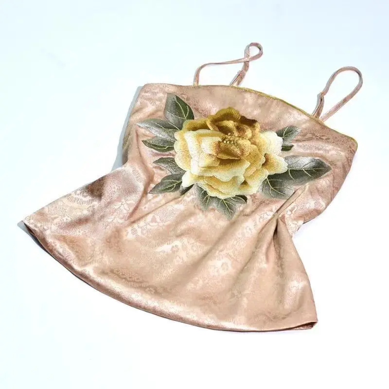 Plus Size Hanfu Camisole Women Summer Floral Embroidery Satin Halter Top Chinese Traditional Vestidos Casual Loose Inner Wear