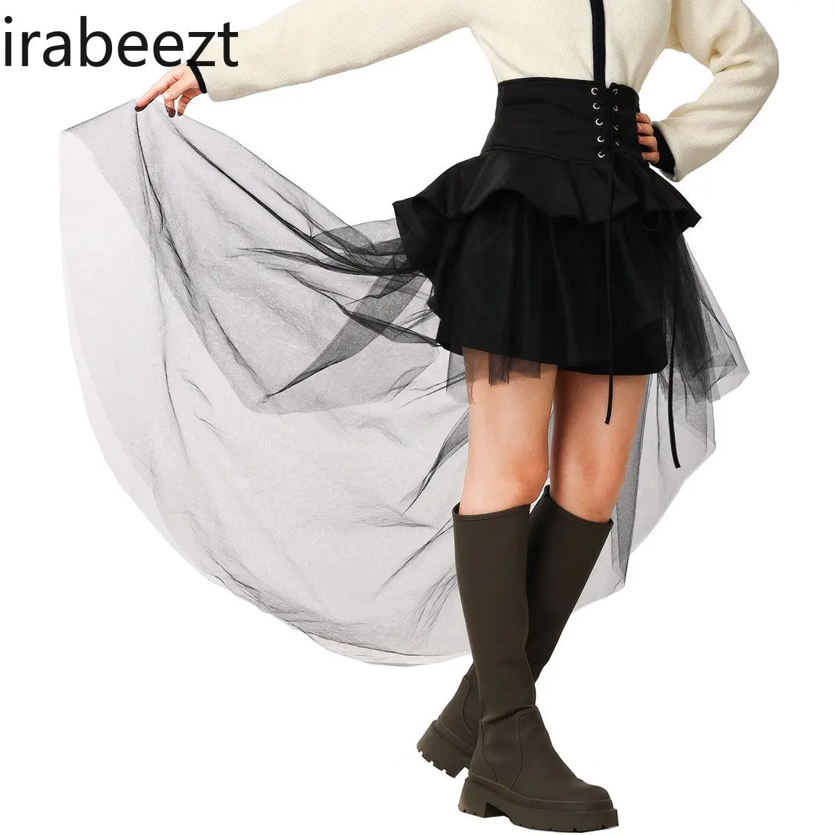 New High Waist Irregular Short Front and Long Back Elastic Waist Belt Lace Skirt with Large Swing Dovetail Mop Faldas Ajustadas