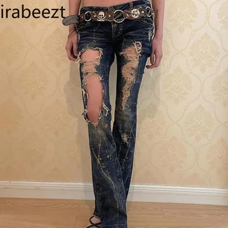 Y2K Vintage Ripped Baggy Jeans Women's High Waist Flared Bell Bottom Trousers Streetwear Grunge Denim Pants for Girls