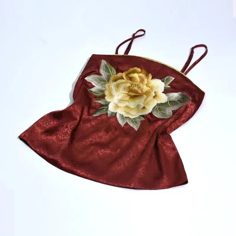 Plus Size Hanfu Camisole Women Summer Floral Embroidery Satin Halter Top Chinese Traditional Vestidos Casual Loose Inner Wear