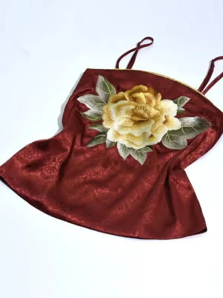 Plus Size Hanfu Camisole Women Summer Floral Embroidery Satin Halter Top Chinese Traditional Vestidos Casual Loose Inner Wear