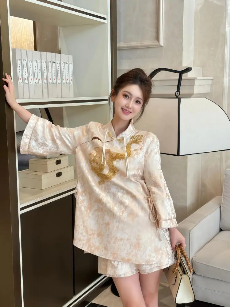 Neo-Chinese Style Set 2025 Dragon Embroidery Blazer & Skirt Vintage Cropped Jacket with Frog Buttons Chic Suit for Women