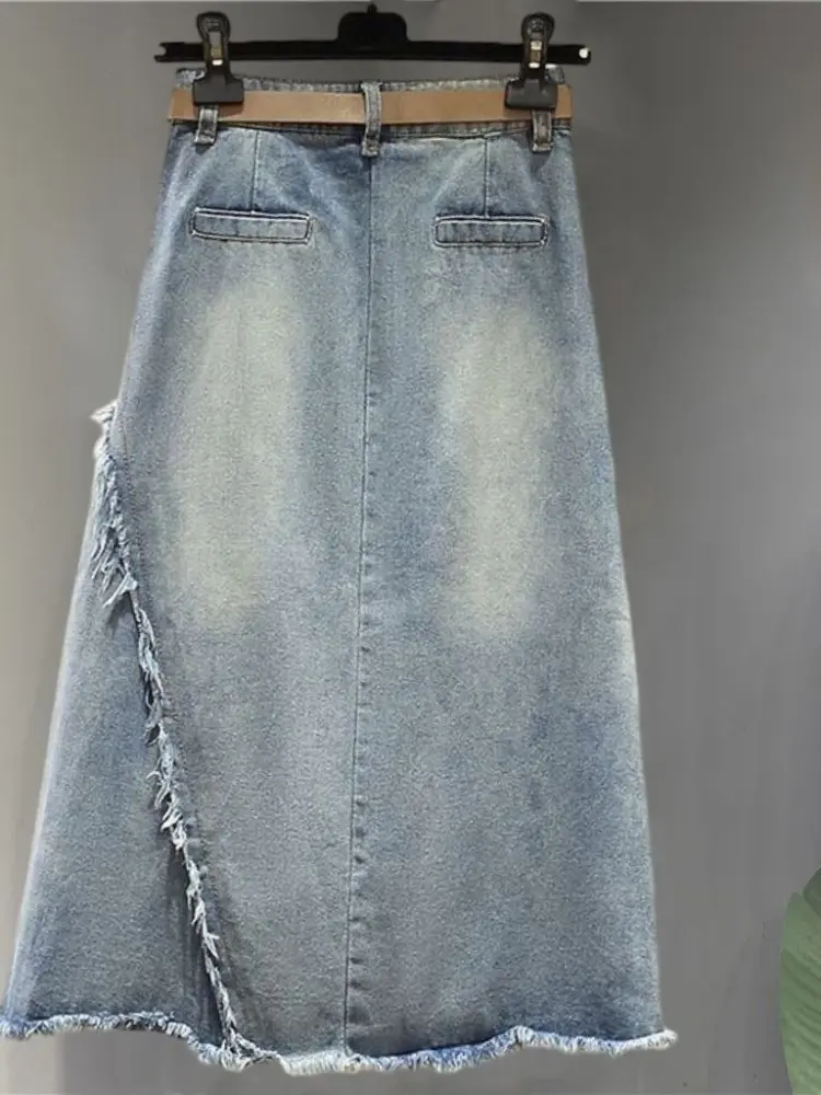 Women's Embroidered Denim Skirt Mid-Length High Waist Flared A-Line Fringe Hem Boho Vintage Fall Casual Stretch Cotton Skirt