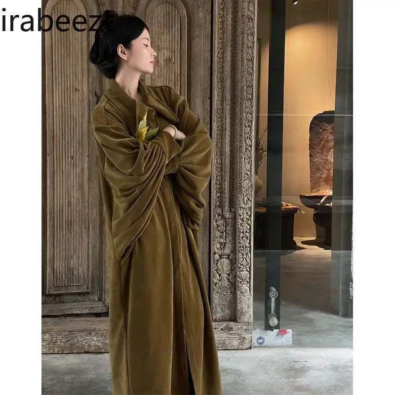 Olive Moss Green Loose Drape Shirt Robe  Autumn Winter Relaxed Flowy Long Dress for Women Casual Chic Oversized Silhouette