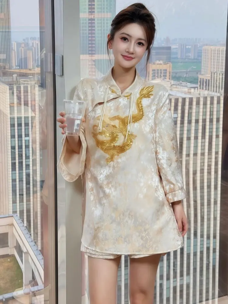 Neo-Chinese Style Set 2025 Dragon Embroidery Blazer & Skirt Vintage Cropped Jacket with Frog Buttons Chic Suit for Women