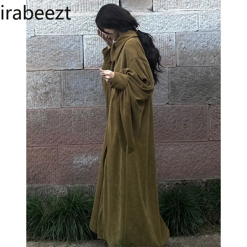 Olive Moss Green Loose Drape Shirt Robe  Autumn Winter Relaxed Flowy Long Dress for Women Casual Chic Oversized Silhouette