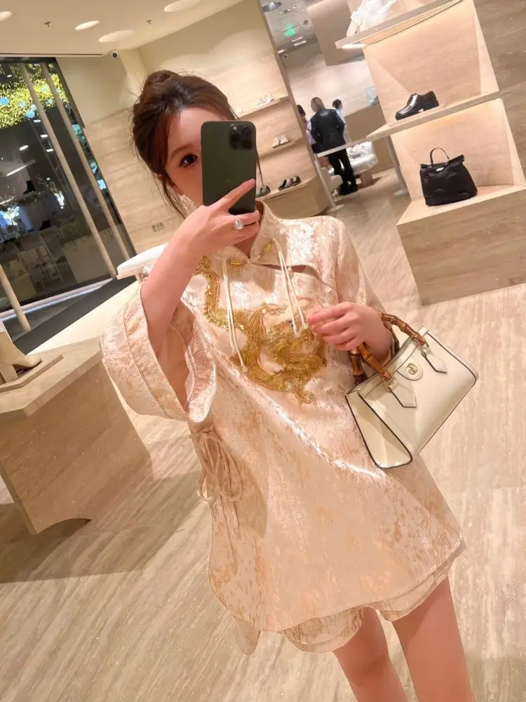 Neo-Chinese Style Set 2025 Dragon Embroidery Blazer & Skirt Vintage Cropped Jacket with Frog Buttons Chic Suit for Women