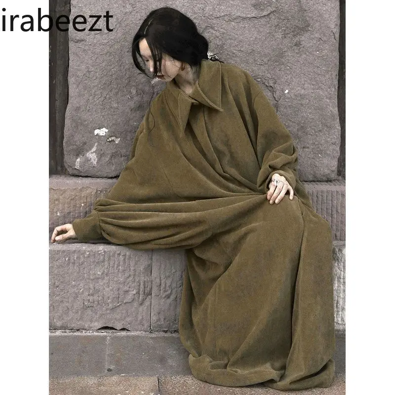 Olive Moss Green Loose Drape Shirt Robe  Autumn Winter Relaxed Flowy Long Dress for Women Casual Chic Oversized Silhouette