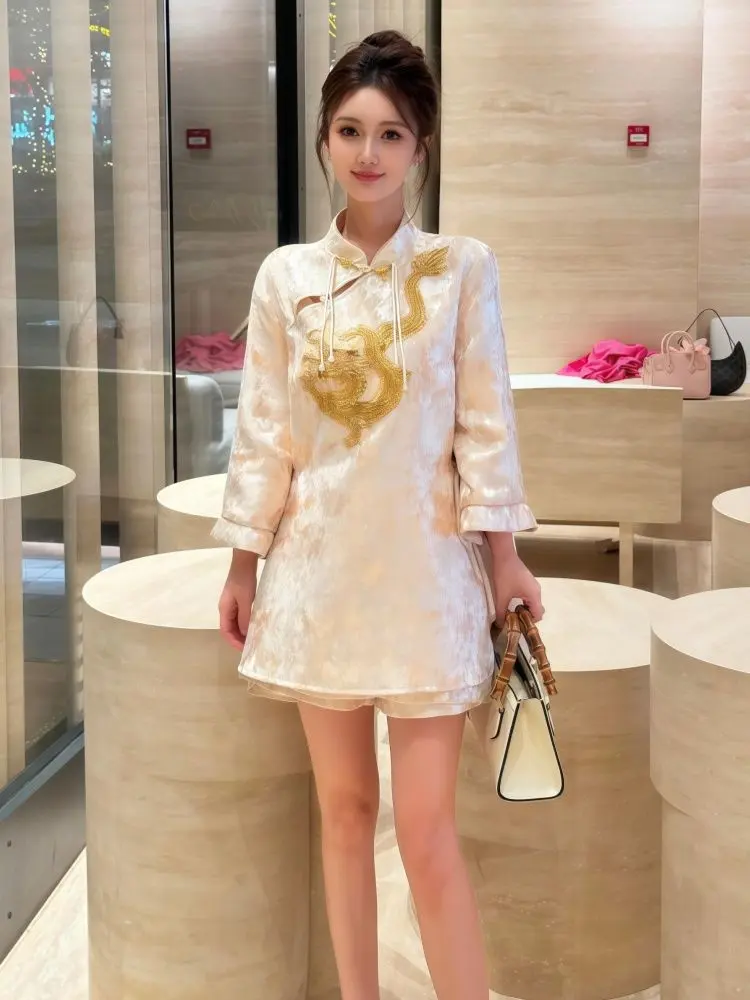 Neo-Chinese Style Set 2025 Dragon Embroidery Blazer & Skirt Vintage Cropped Jacket with Frog Buttons Chic Suit for Women