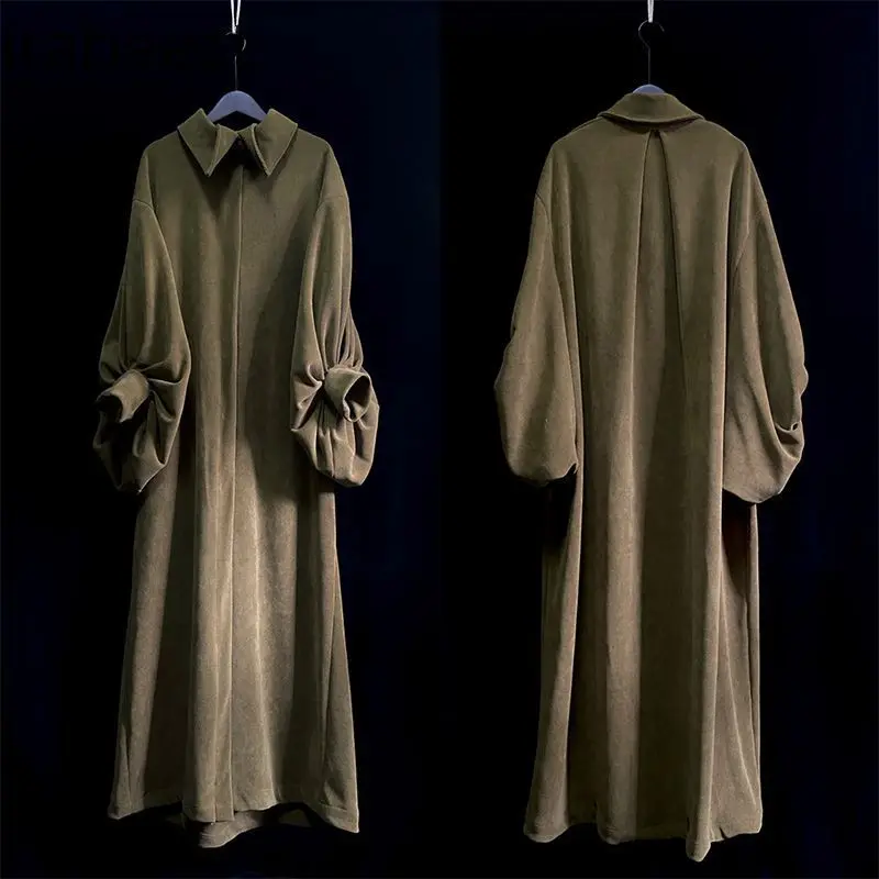Olive Moss Green Loose Drape Shirt Robe  Autumn Winter Relaxed Flowy Long Dress for Women Casual Chic Oversized Silhouette