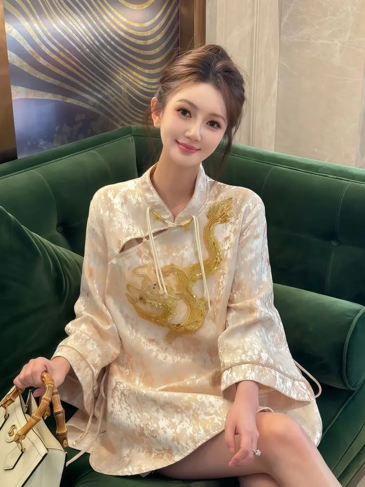 Neo-Chinese Style Set 2025 Dragon Embroidery Blazer & Skirt Vintage Cropped Jacket with Frog Buttons Chic Suit for Women