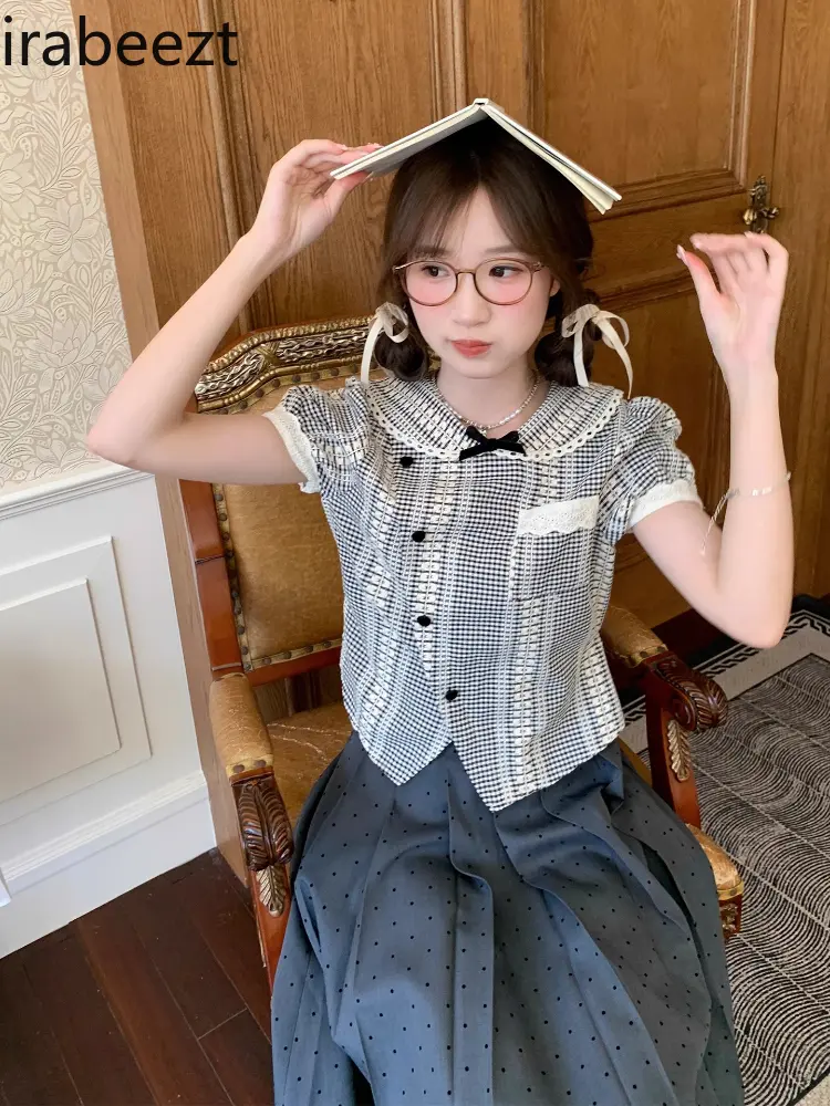 Women's Bow Tie Plaid Vest Shirt Summer Cute Tops Loose Casual Chic Feminine Fashion Tee 2025 New Retro Blouse