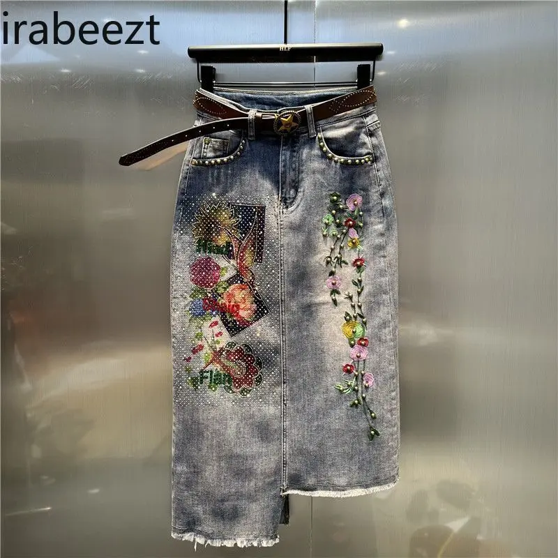 Women's Asymmetrical Denim Midi Skirt with Heavy Embroidery Floral Patchwork & Rhinestone Details Fall 2025 Fashion Clothing