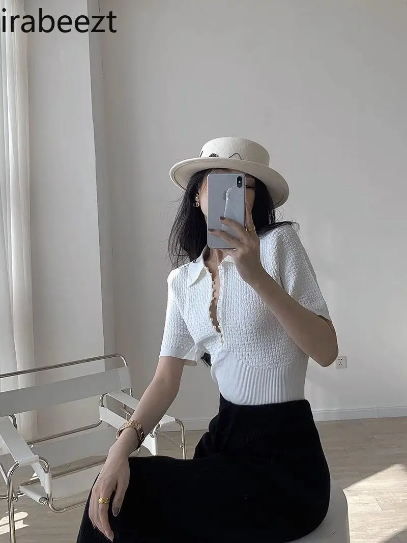 New Women's Slim Fit White T-Shirt Fashion Polo Shirt Short Sleeve Knit Top Casual Summer Tee Feminist Clothes