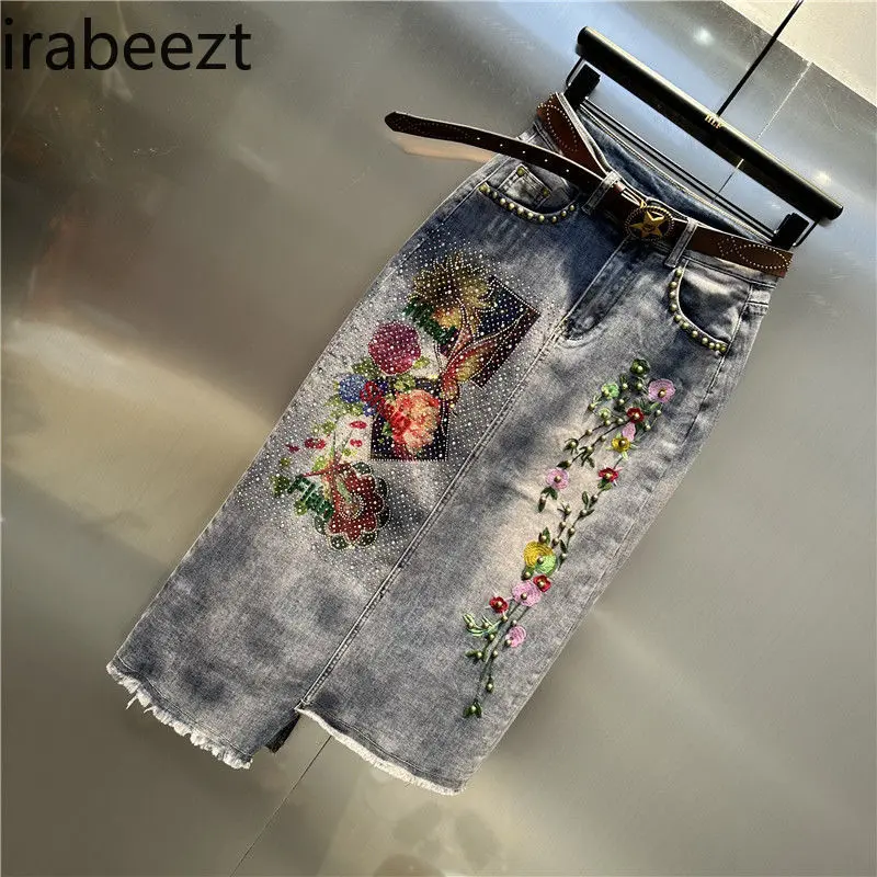 Women's Asymmetrical Denim Midi Skirt with Heavy Embroidery Floral Patchwork & Rhinestone Details Fall 2025 Fashion Clothing