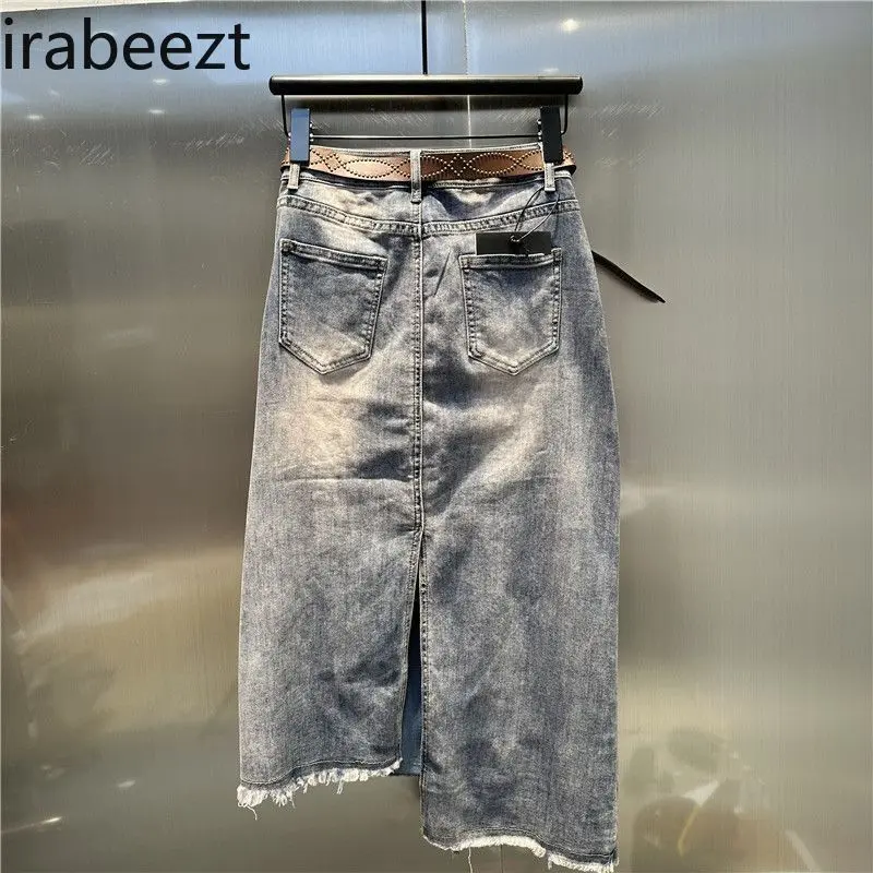 Women's Asymmetrical Denim Midi Skirt with Heavy Embroidery Floral Patchwork & Rhinestone Details Fall 2025 Fashion Clothing