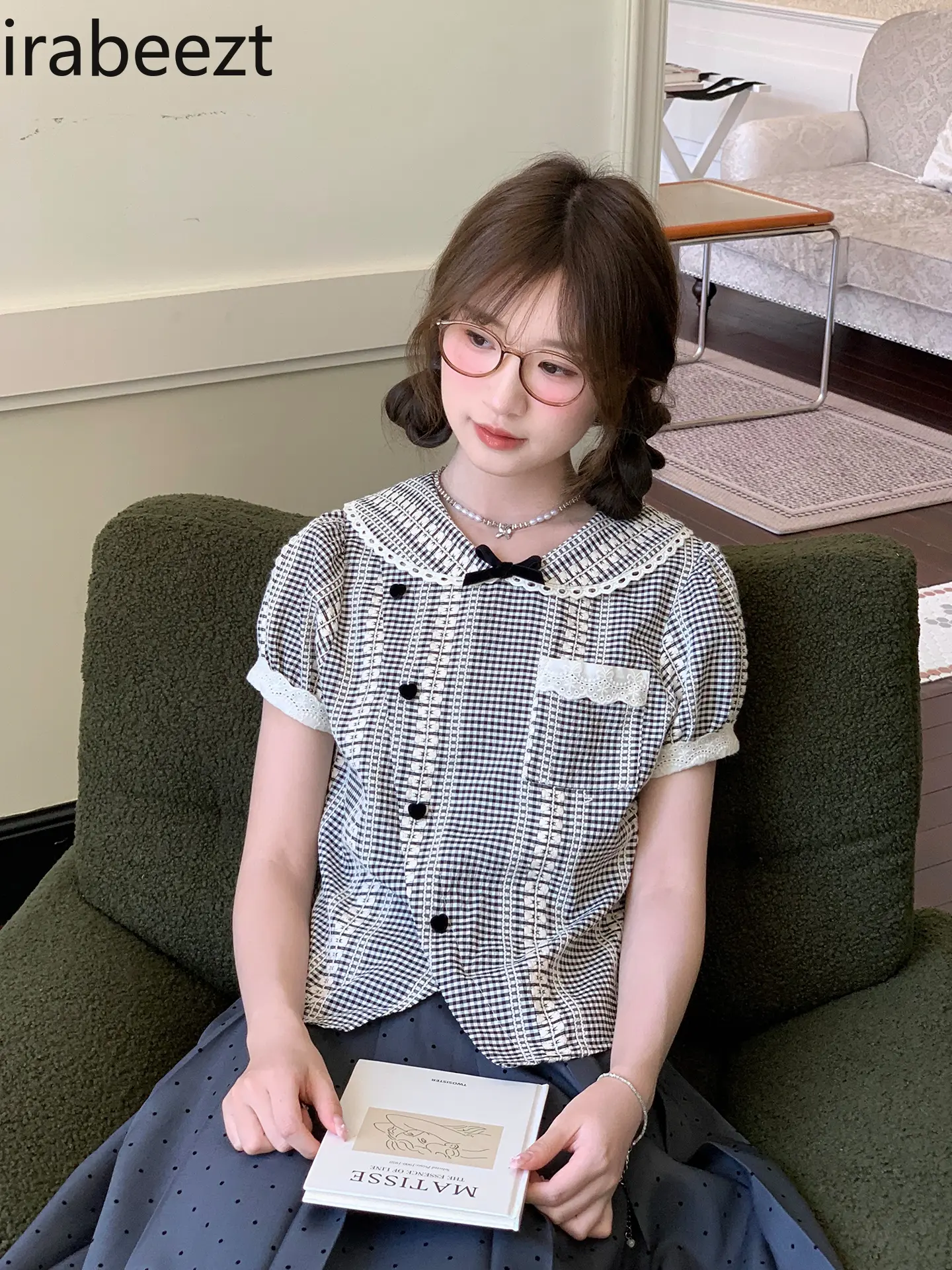 Women's Bow Tie Plaid Vest Shirt Summer Cute Tops Loose Casual Chic Feminine Fashion Tee 2025 New Retro Blouse