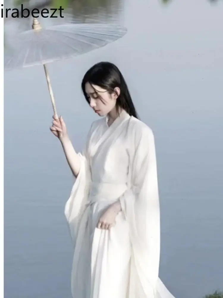 Elegant Wei Jin Style Hanfu Dress Women's Flowing Sleeve Fairy Gown White Ethereal Loose Spring Ancient Chinese Costume