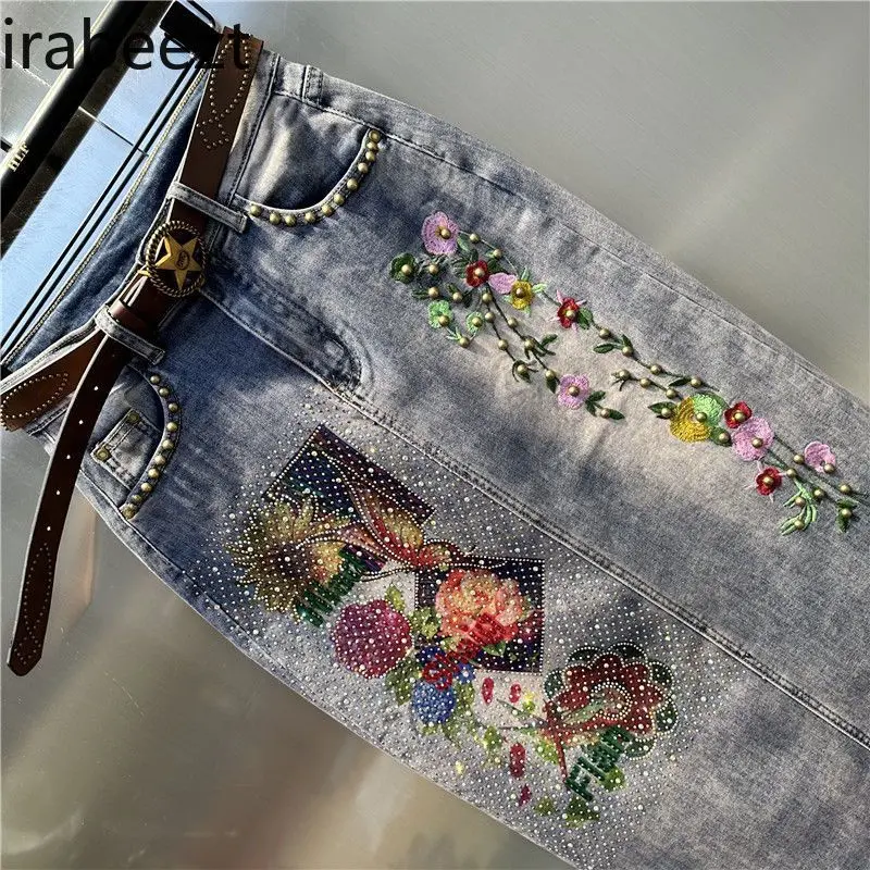 Women's Asymmetrical Denim Midi Skirt with Heavy Embroidery Floral Patchwork & Rhinestone Details Fall 2025 Fashion Clothing