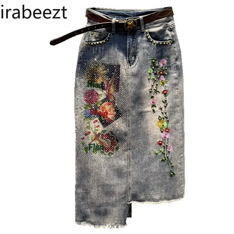 Women's Asymmetrical Denim Midi Skirt with Heavy Embroidery Floral Patchwork & Rhinestone Details Fall 2025 Fashion Clothing