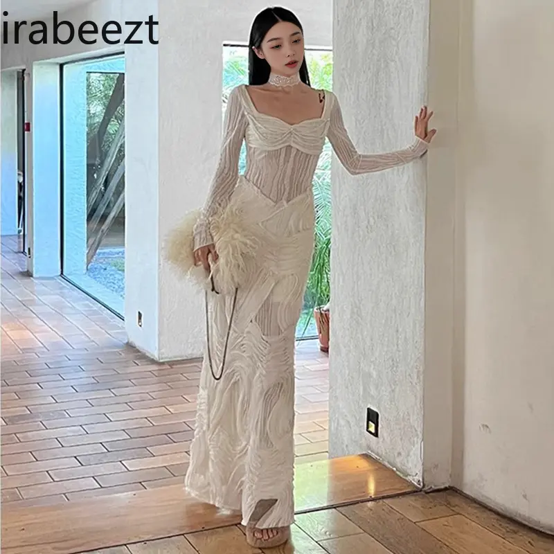 Romantic White Textured Knit Dress Women 2025 Square Neck Long Sleeve Elegant A-line Maxi Dress Winter Slimming Party Gown
