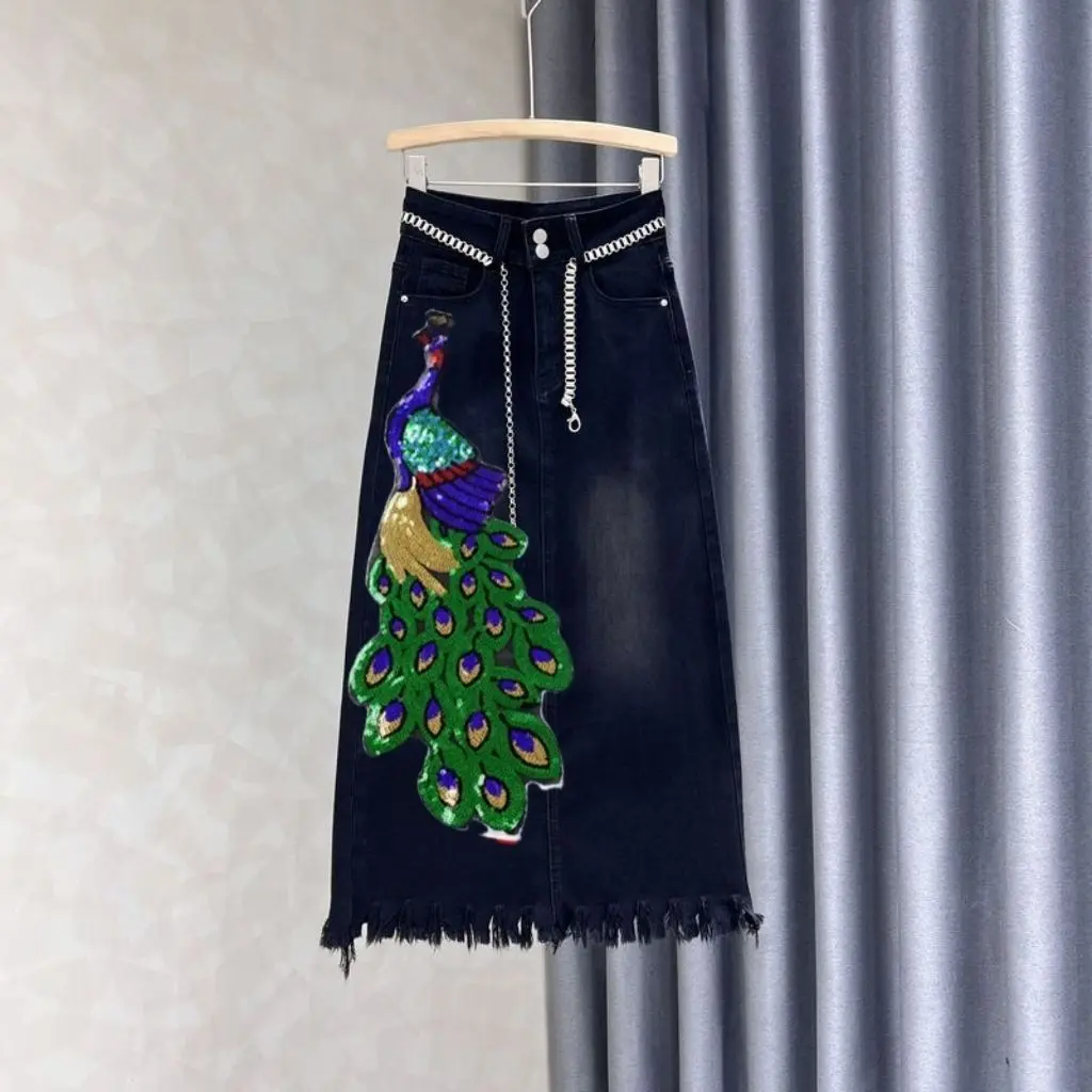 2025 New High Waist Sequin Denim Skirt Women's Slim Fit Retro Vintage Blue Jeans Skirt for Autumn Winter Korean Fashion Clothing