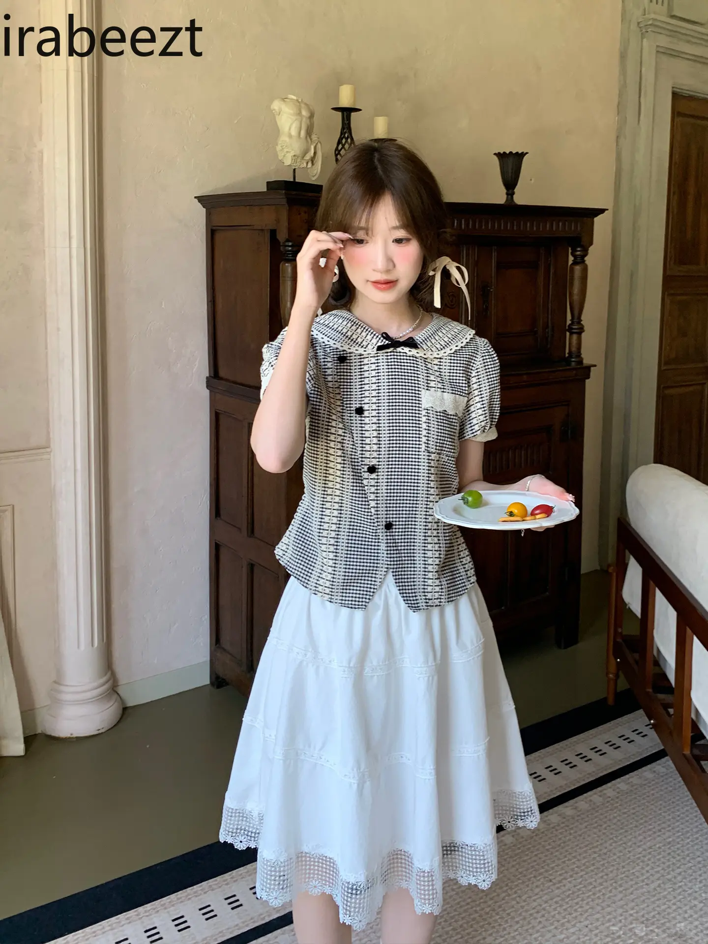 Women's Bow Tie Plaid Vest Shirt Summer Cute Tops Loose Casual Chic Feminine Fashion Tee 2025 New Retro Blouse