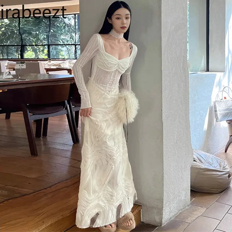Romantic White Textured Knit Dress Women 2025 Square Neck Long Sleeve Elegant A-line Maxi Dress Winter Slimming Party Gown