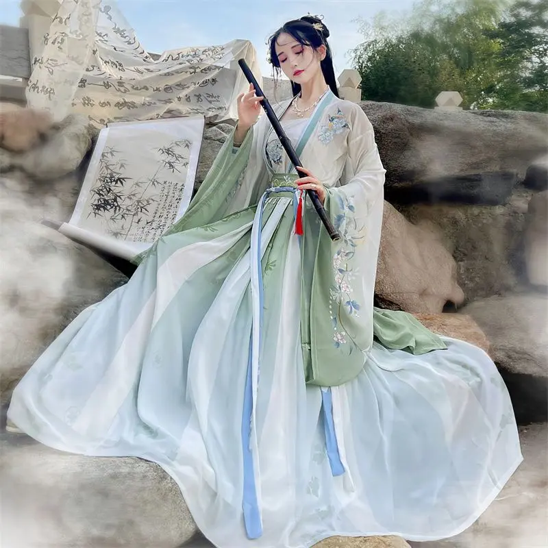 New Chinese Hanfu Dress Floral Print Elegant Two-Tone Maxi Skirt Women's Summer Autumn Boho Chic Fashion vestidos chinos